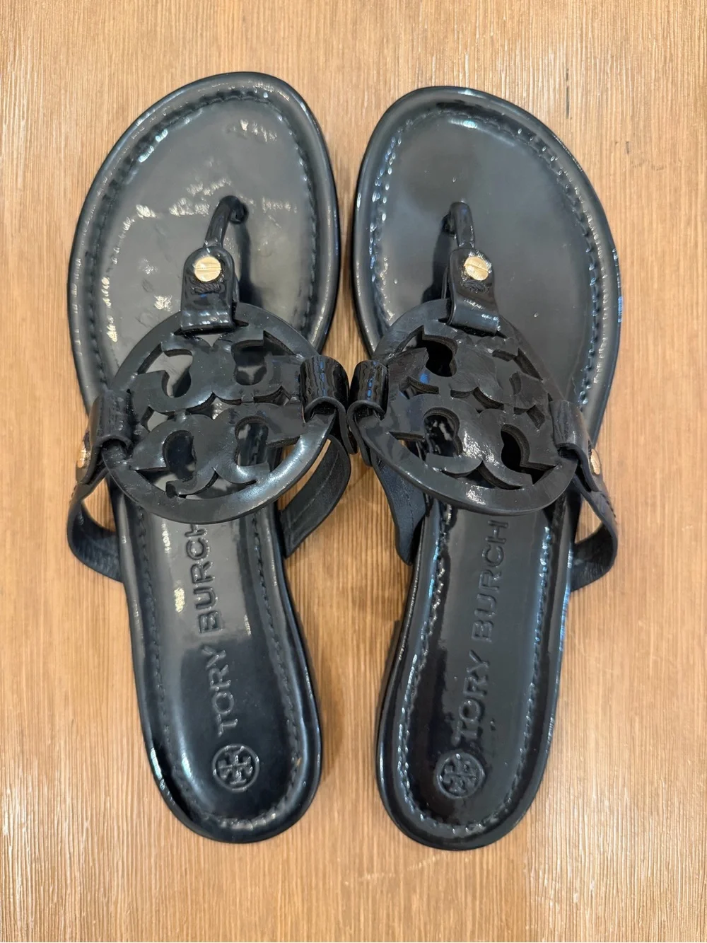 Tory Burch Black Patent Logo Thong Sandals with Gold Accents